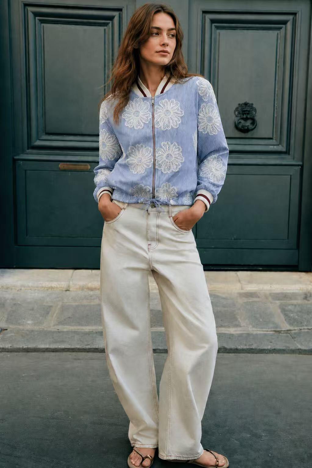 Wholesaler Amelé - Striped bomber jacket with floral embroidery