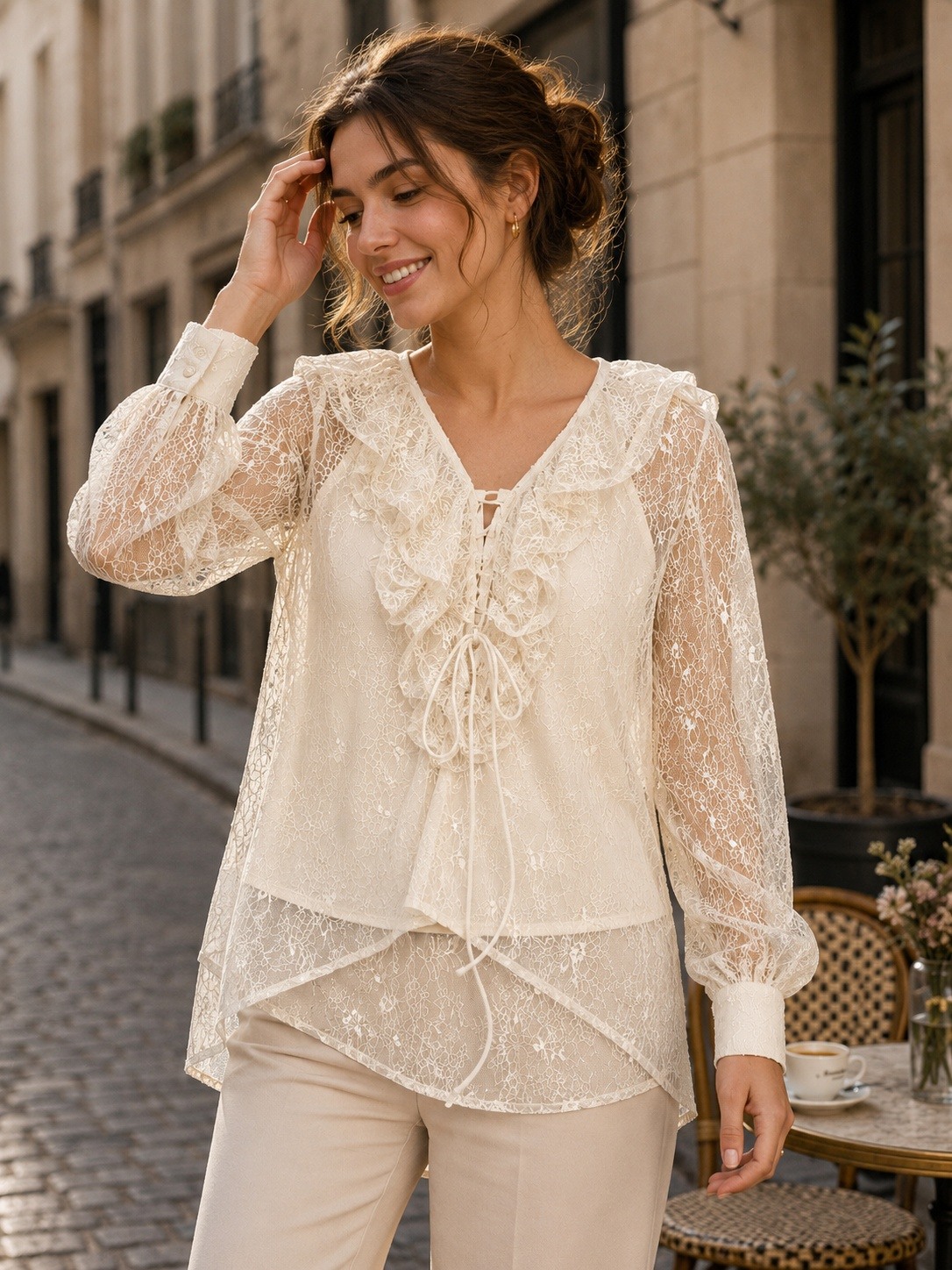 Wholesaler AMIE KOKO - Elegant Ruffled Lace Blouse - Beige