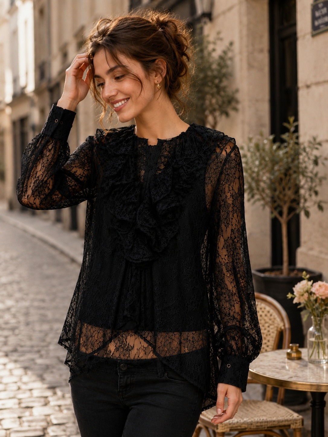 Wholesaler AMIE KOKO - Elegant Lace Ruffle Blouse - Black