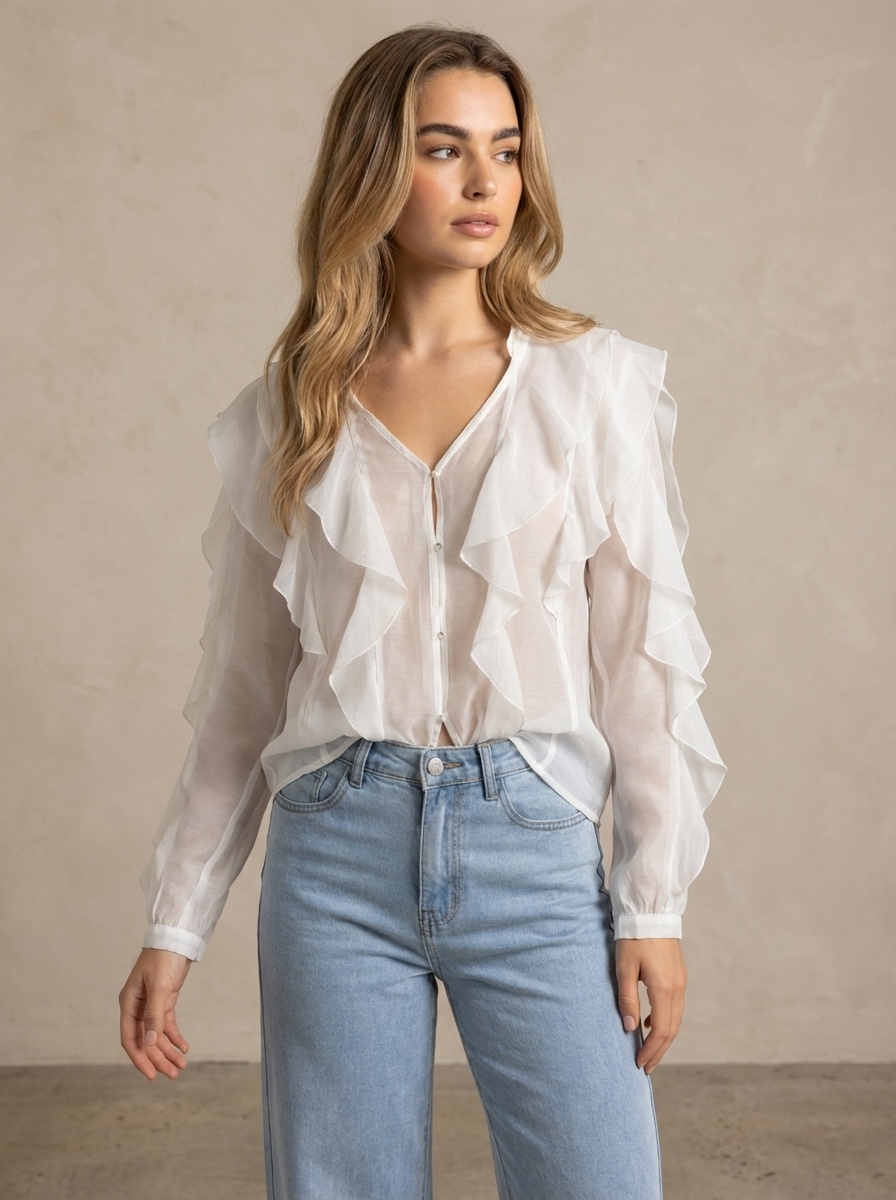 Wholesaler AMIE KOKO - Ruffled Shirt M011 - White