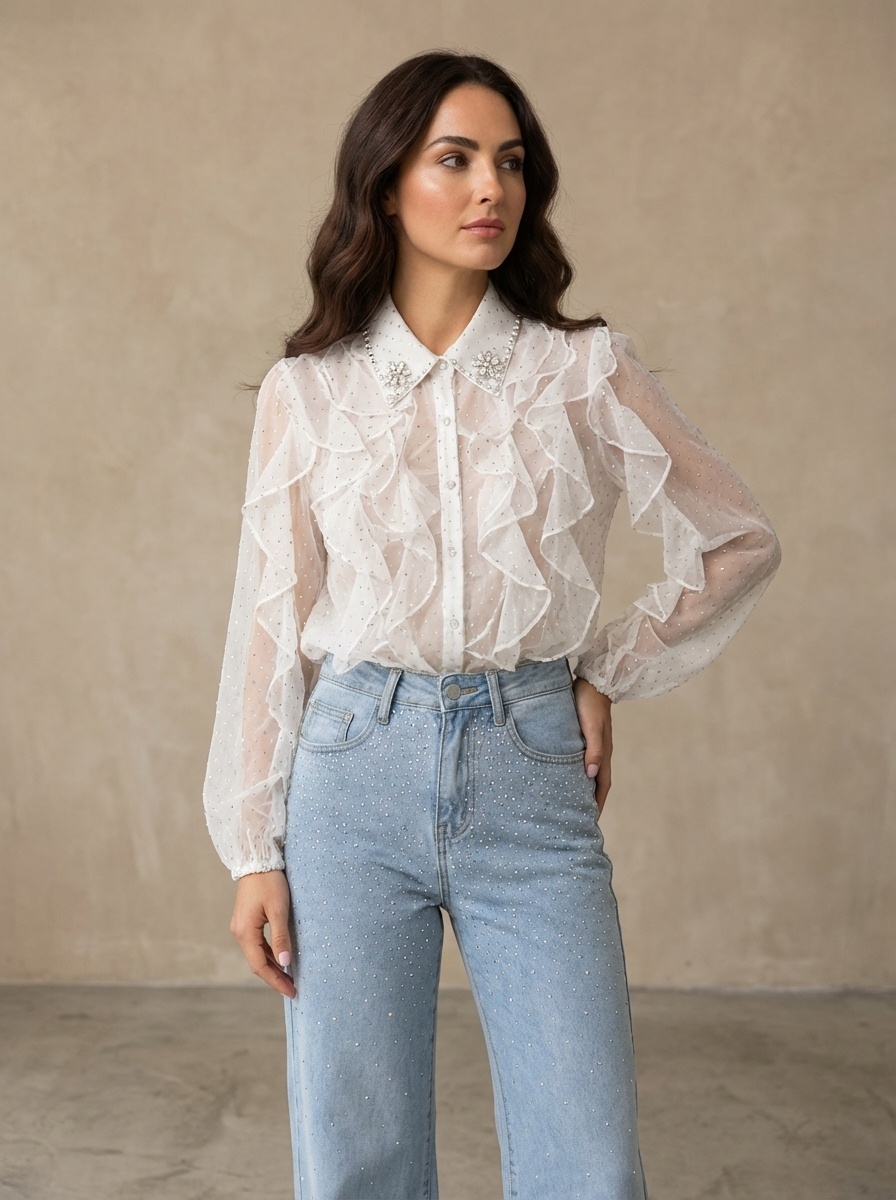 Wholesaler AMIE KOKO - Ruffled Shirt with Rhinestones - White