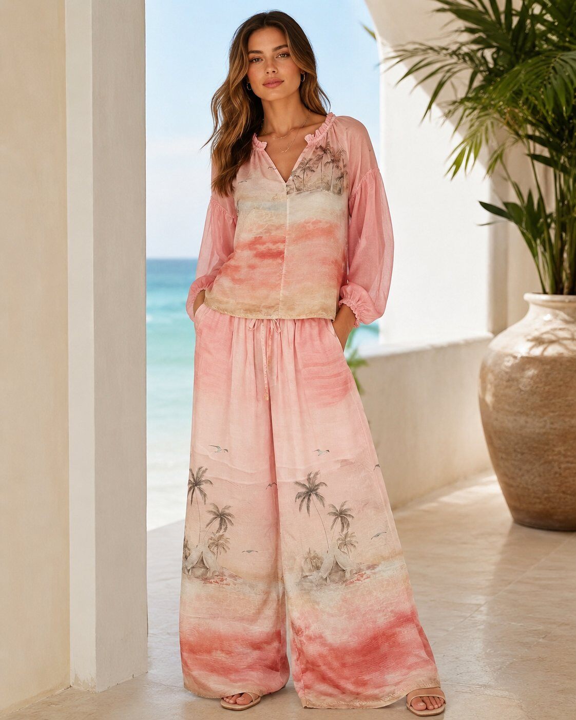 Grossiste AMIE KOKO - Ensemble Imprimé Paysage – Chemisier Volanté et Pantalon Fluide
