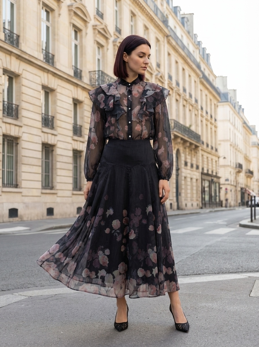 Wholesaler AMIE KOKO - Long Skirt and Shirt Set with Floral Print - Black