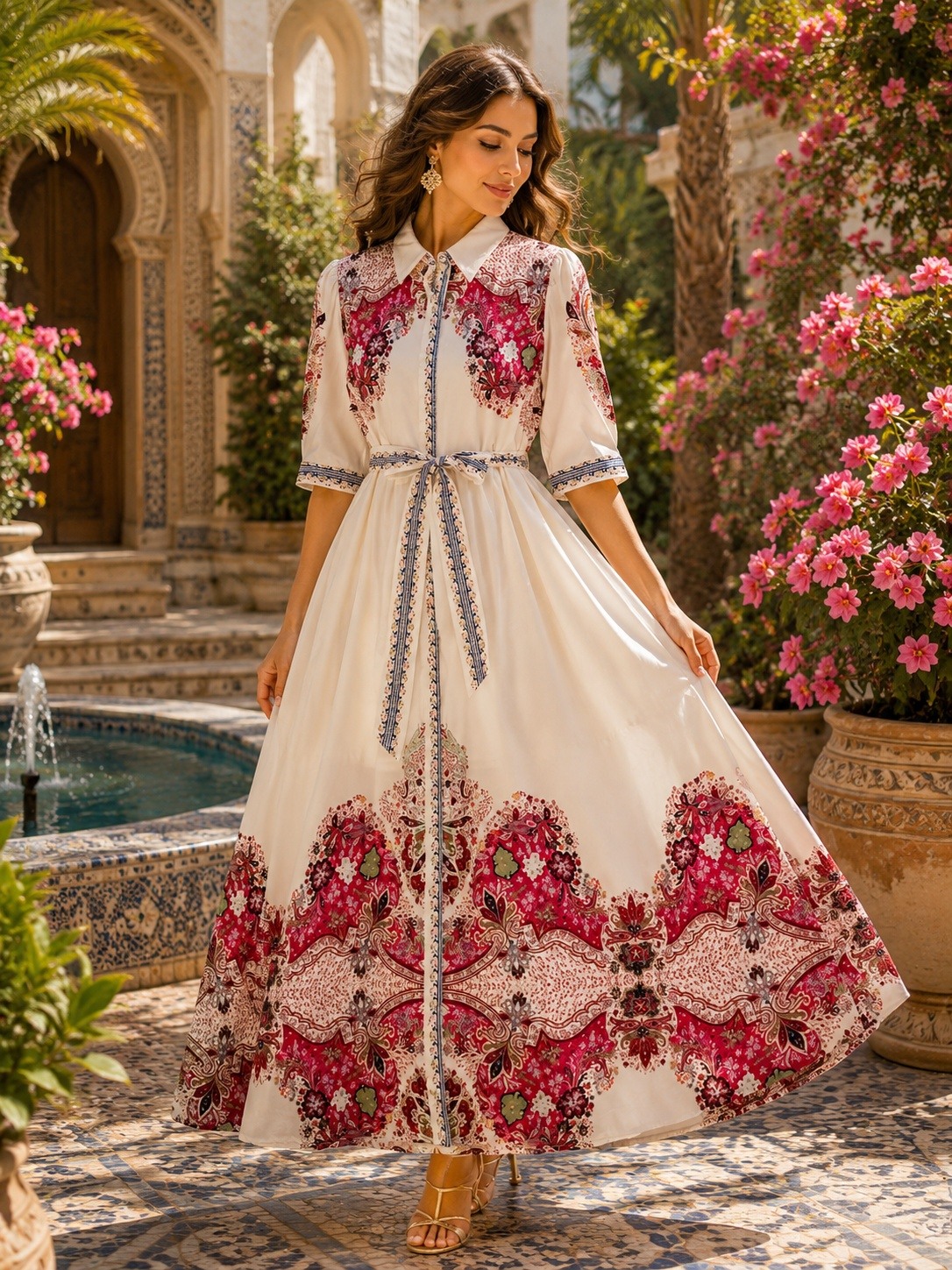 Mayorista AMIE KOKO - Vestido Largo Crudo con Estampado Cachemir Bohemio y Cinturón