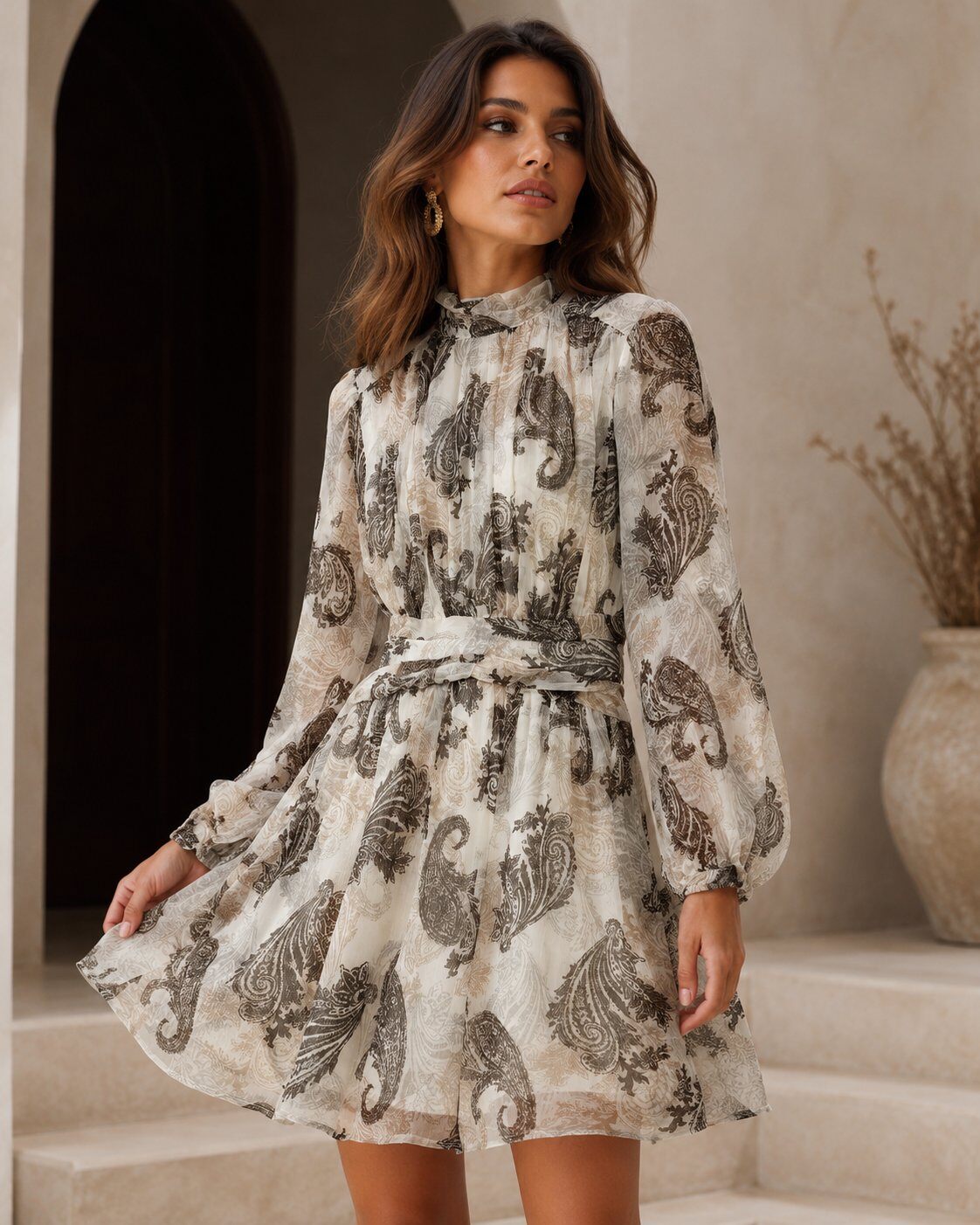 Grossiste AMIE KOKO - Robe Courte Voile Imprimé Cachemire – Col Volanté
