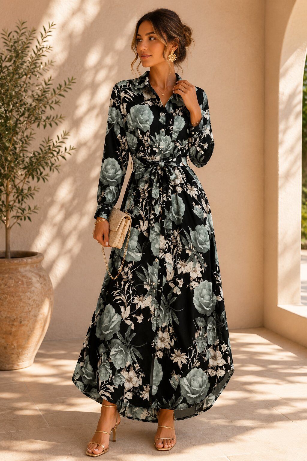 Großhändler AMIE KOKO - Dunkelgrünes Langes Hemdkleid mit Blumenmuster