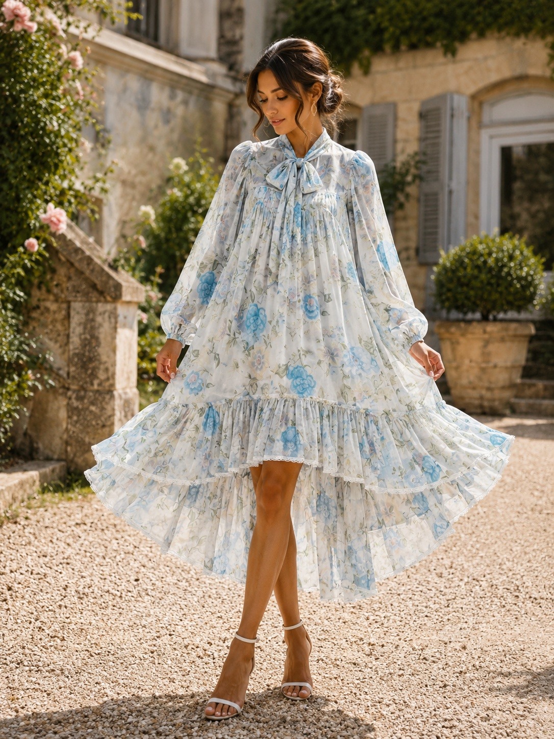 Wholesaler AMIE KOKO - Floral Long Dress with Long Sleeves - Blue