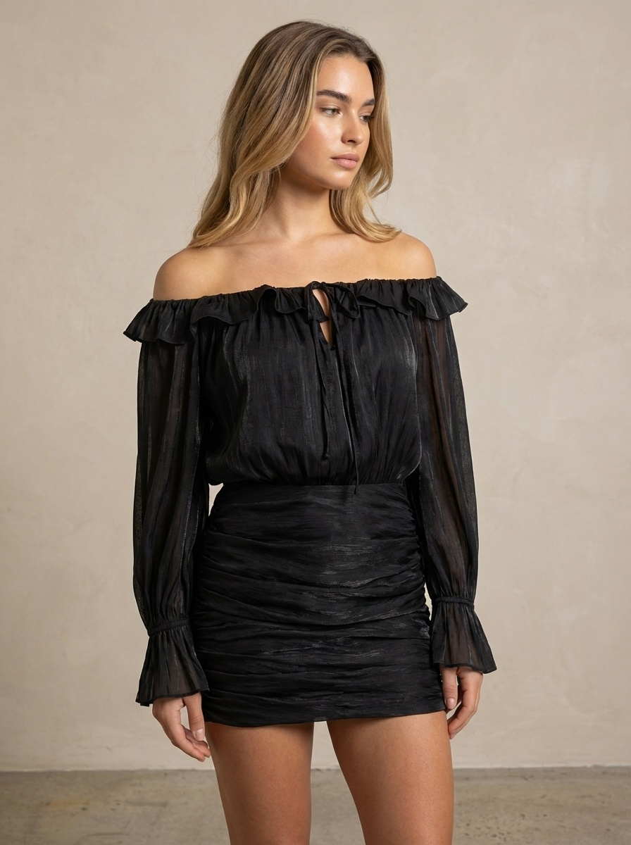 Wholesaler AMIE KOKO - Short Draped Ruffle Dress - Black