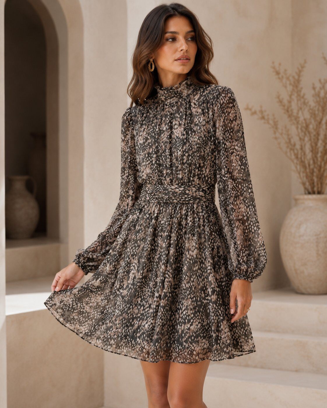Mayorista AMIE KOKO - Vestido Corto Fluido con Estampado Negro y Topo