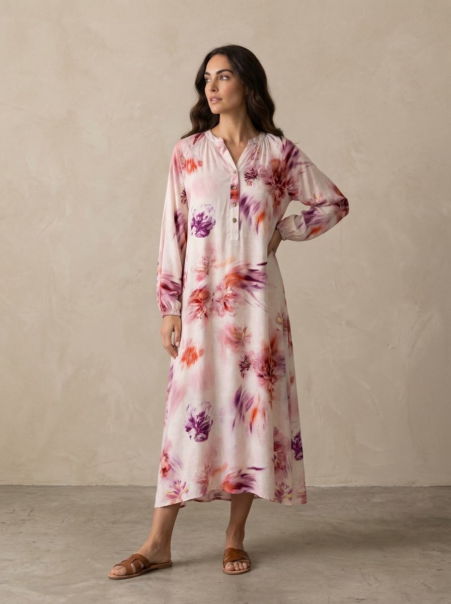 Mayorista AMIE KOKO - Vestido Largo Fluido con Estampado Floral Acuarela