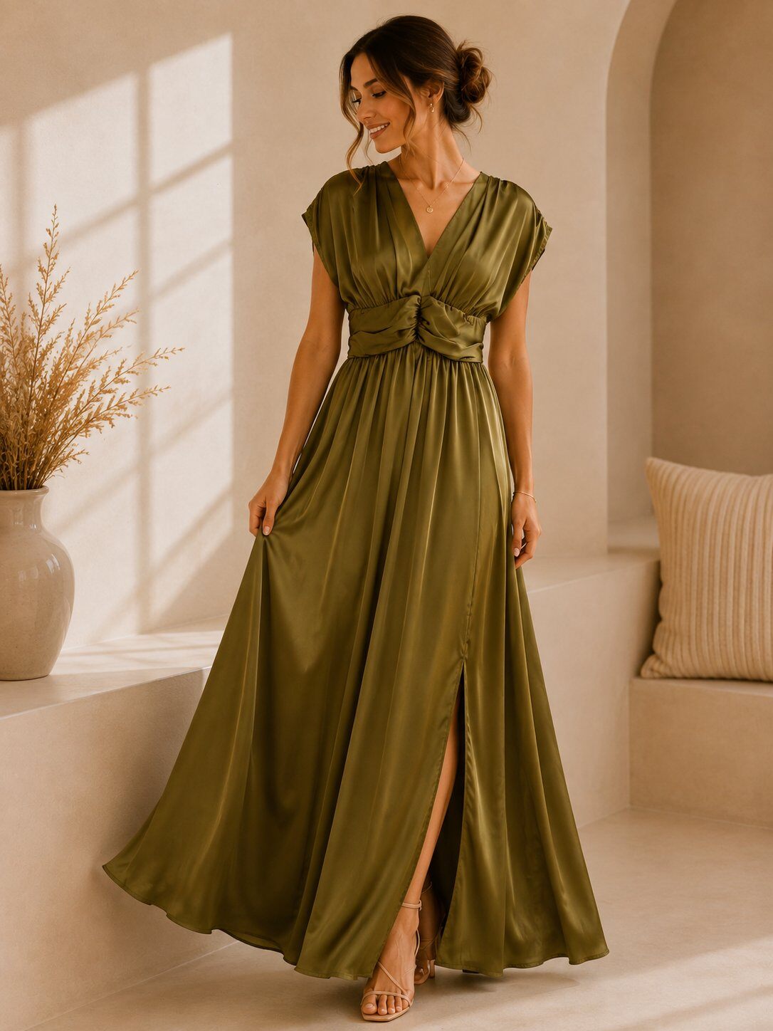 Grossiste AMIE KOKO - Robe Longue Satinée à Taille Drapée