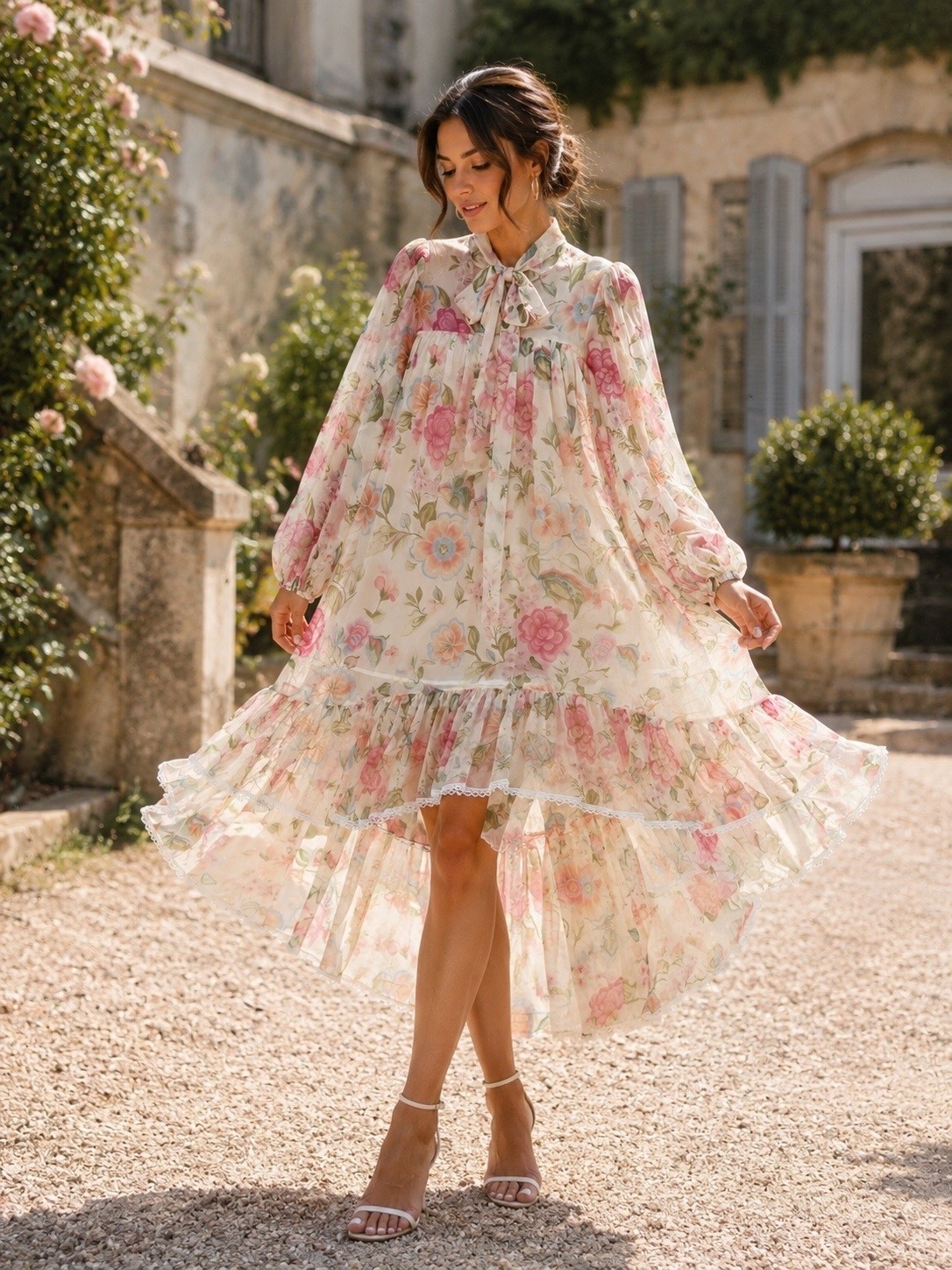 Wholesaler AMIE KOKO - Floral Long Dress with Long Sleeves - Pink