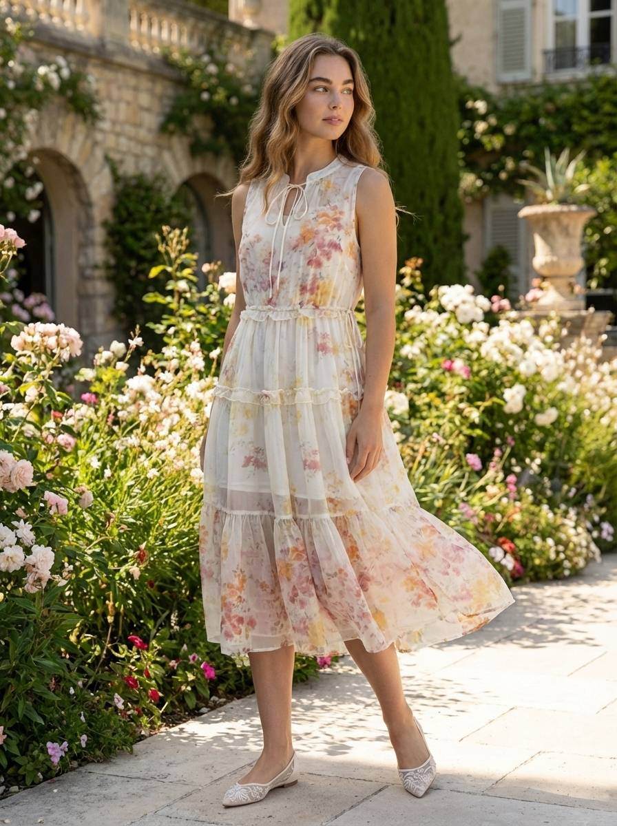 Mayorista AMIE KOKO - Vestido Midi de Gasa con Estampado Floral Acuarela — Volantes y Cordones Bohemios