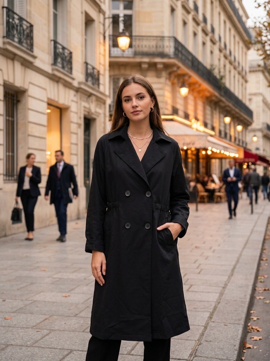 Grossiste AmReady - Trench-Coat Long Fluid & Cintrable – Fermeture Croisée, Bavolet Dos & Cordon Ajustable