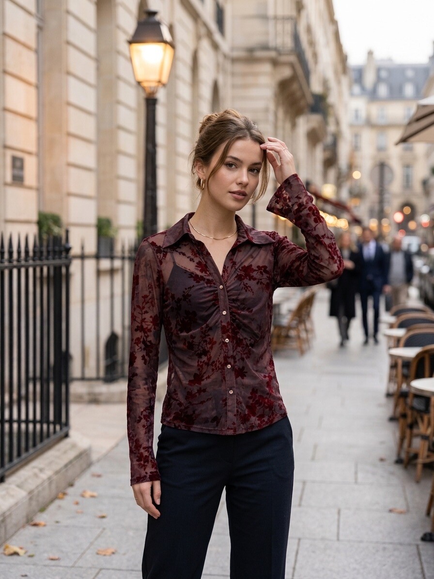 Grossiste AmReady - Chemise Chemisier Fringué en Tulle Semi-Transparent à Motifs Floraux Velvet
