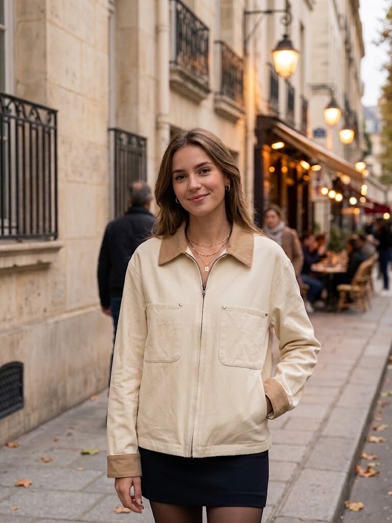 Grossiste AmReady - Veste Zippée Style Workwear – Col & Revers Beige Contrastants, Coupe Droite Structurée