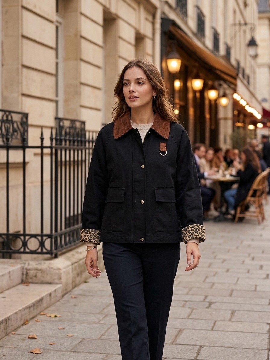 Grossiste AmReady - Veste Courte Style Barbour – Col Velours Côtelé & Revers Imprimé Léopard