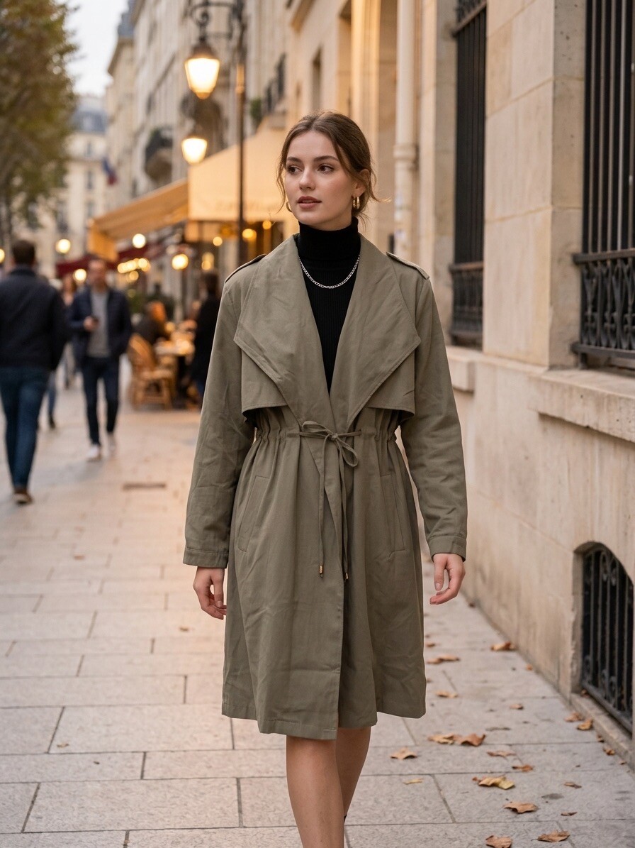 Grossiste AmReady - Trench Long Fluide à Large Col Revers – Lien de Serrage, Bavolet Dos & Pattes d'Épaule