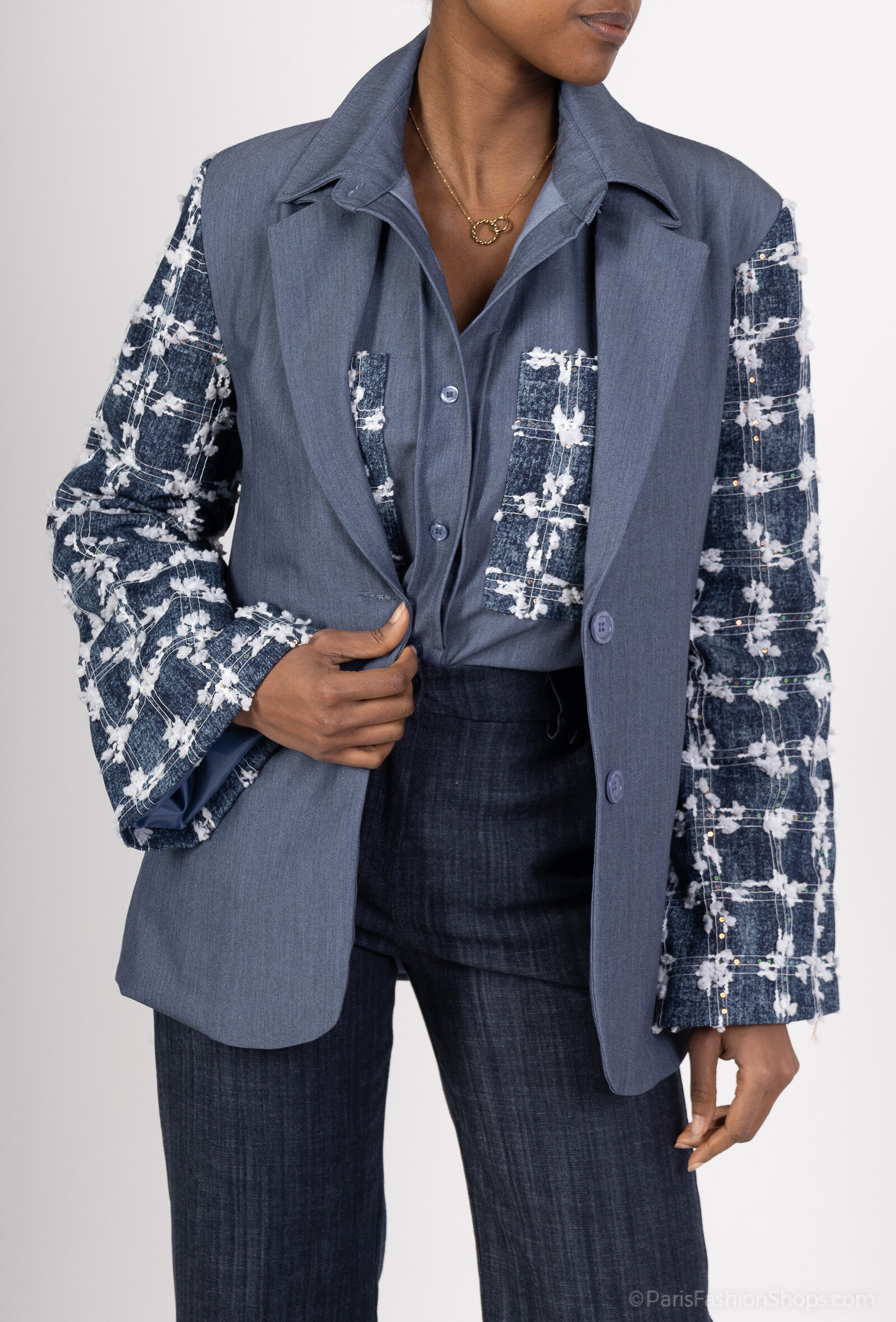 Grossiste Amy&Clo - Blazer Denim avec Manches Tweed