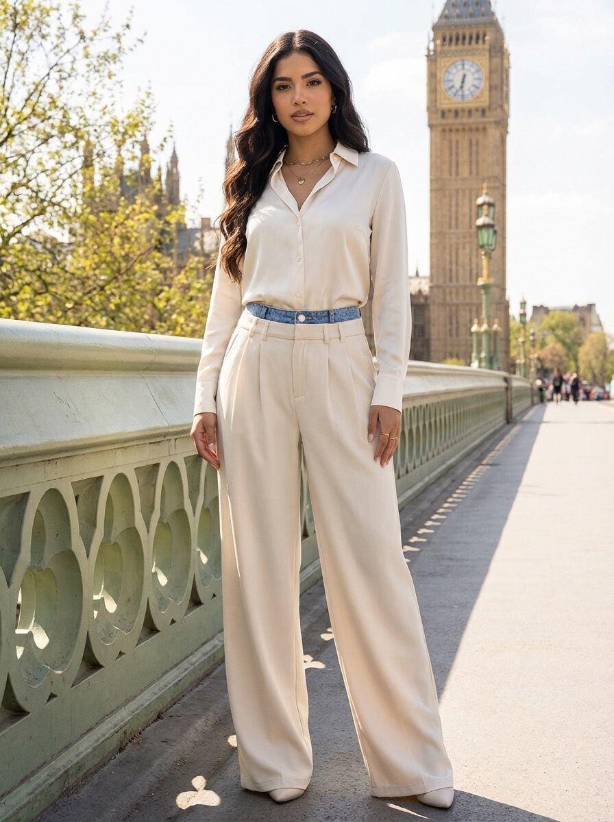 Mayorista Amy&Clo - Pantalones anchos con detalles de mezclilla