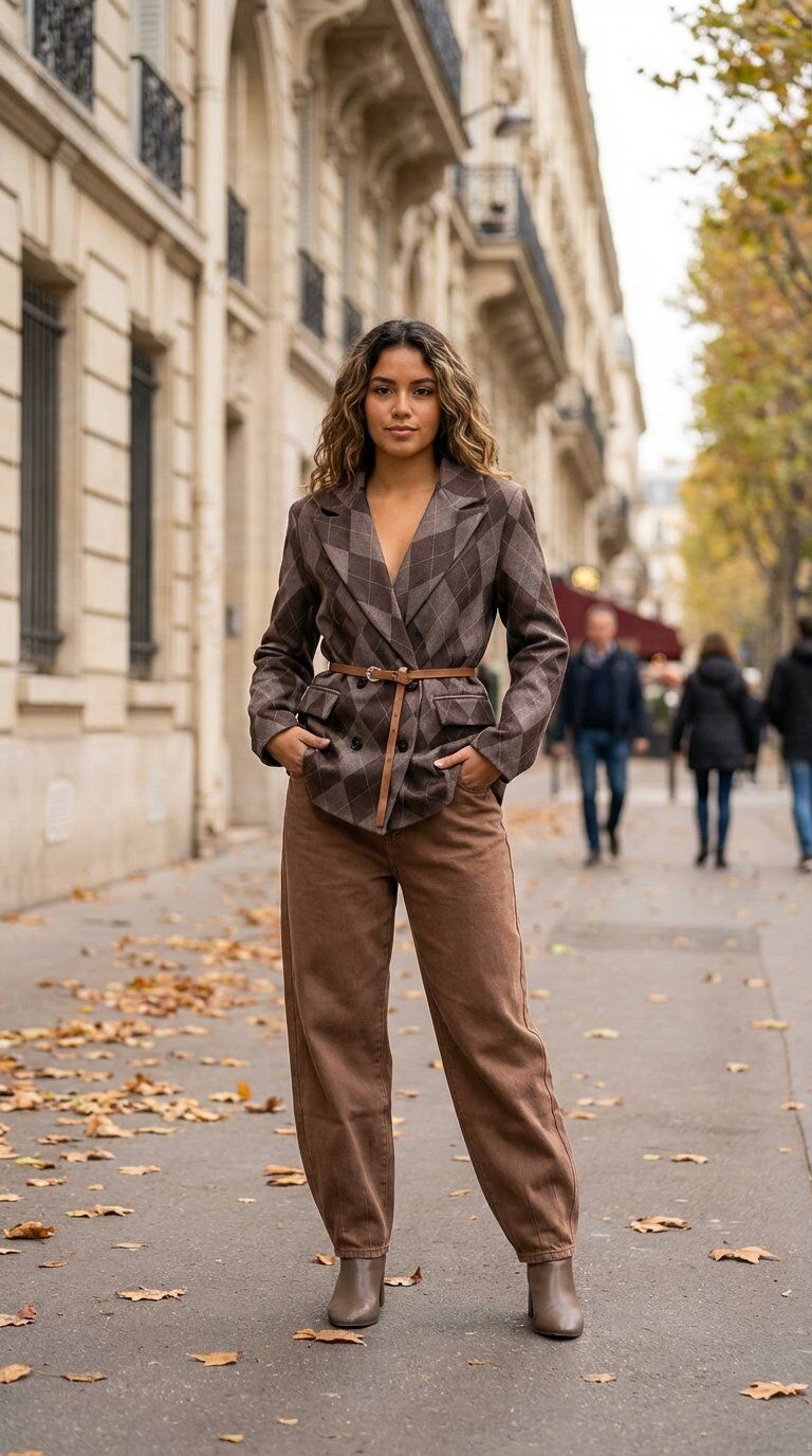 Patterned blazer with lining, chic style. Long sleeves and notched collar. Tie belt to adjust the waist. Perfect to pair with skirt PR60286, this wool-effect model adds an elegant touch to your wardrobe. One size fits 36-42.