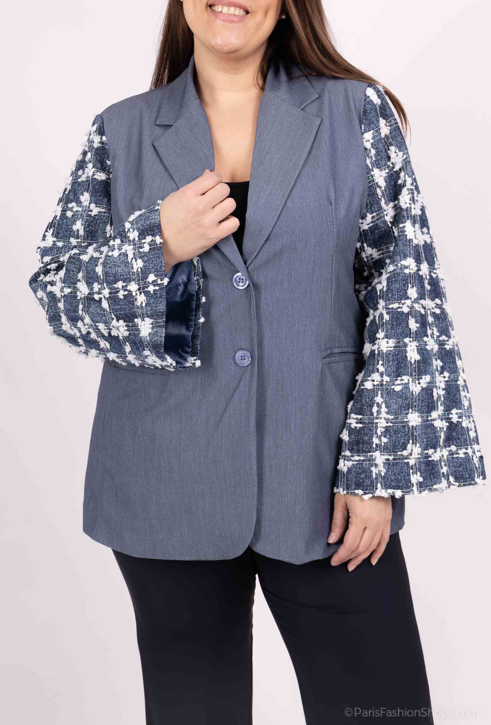 Grossiste Amy&Clo - PLUS SIZE Blazer en denim avec manches en tweed
