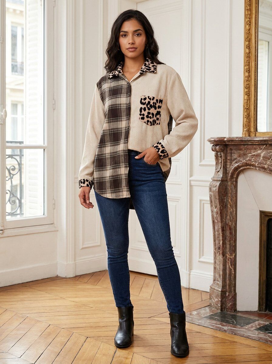 Corduroy overshirt with plaid and leopard patterns. Classic collar and long sleeves, front pockets for a practical touch. Perfect for a casual and stylish look. One size fits 36-42.