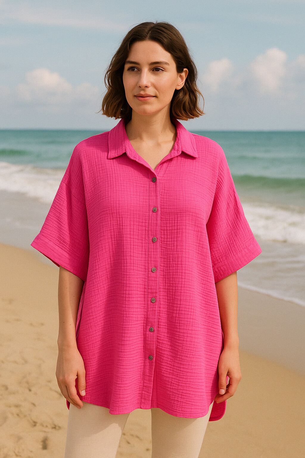 Grossista Amy&Clo - Camicia di cotone fluo con maniche corte