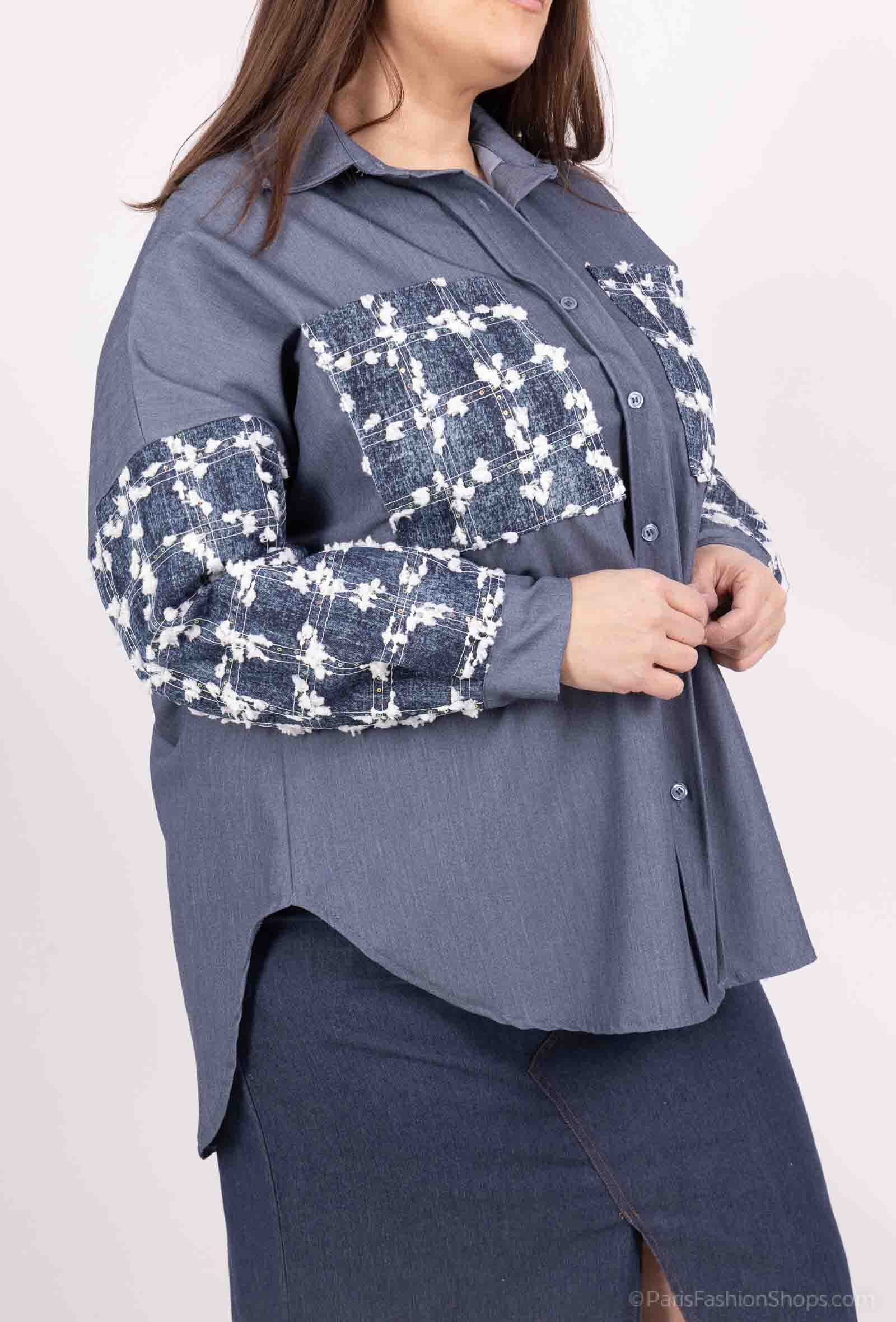 Grossiste Amy&Clo - PLUS SIZE Chemise en denim avec poche en tweed