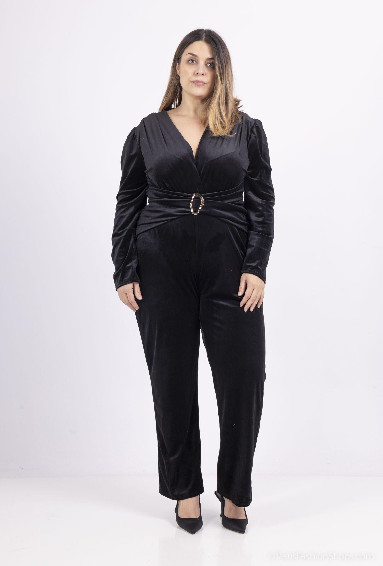 Grossiste Amy&Clo - Combinaison grande taille en velours stretch avec ceinture
