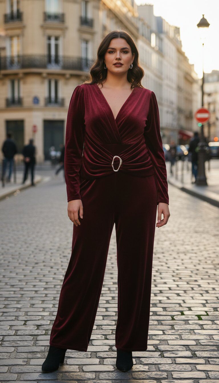 Wholesaler Amy&Clo - PLUS SIZE - Flowing velvet-effect jumpsuit with belted detail