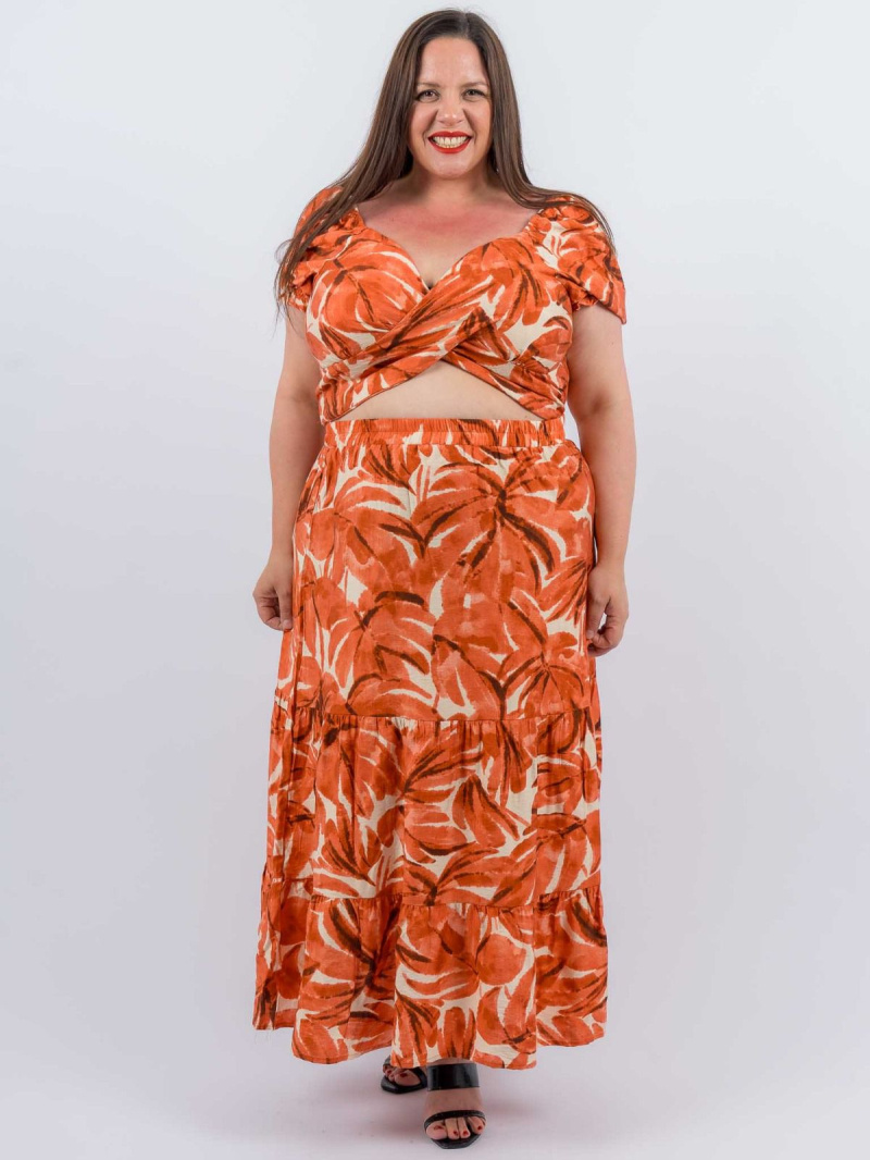Grossiste Amy&Clo - Plus size Ensemble crop top et jupe longue imprimé feuille