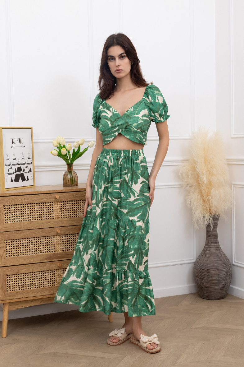 Grossiste Amy&Clo - Ensemble crop top et jupe longue imprimé feuille