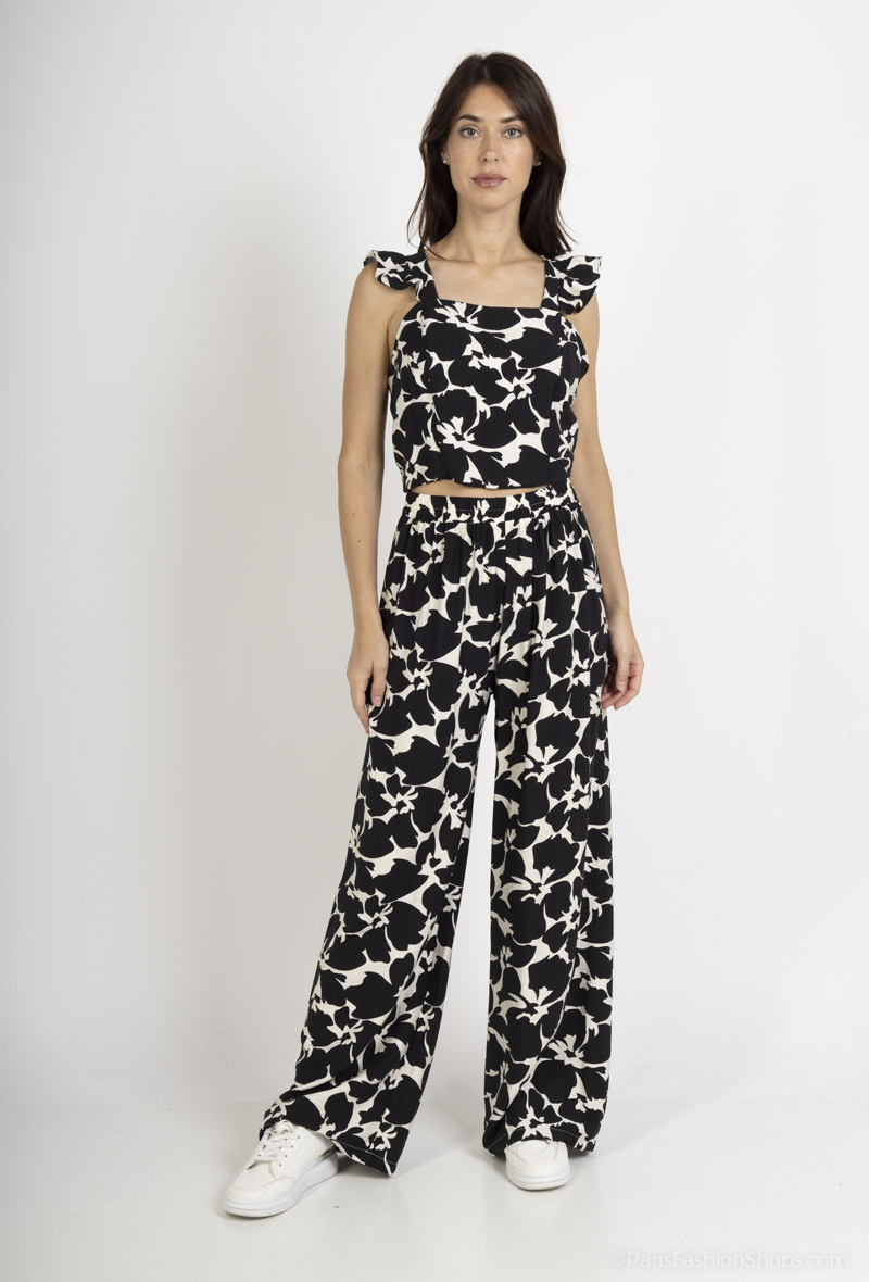 Grossiste Amy&Clo - Ensemble top noué dos et pantalon large imprimé fleuri