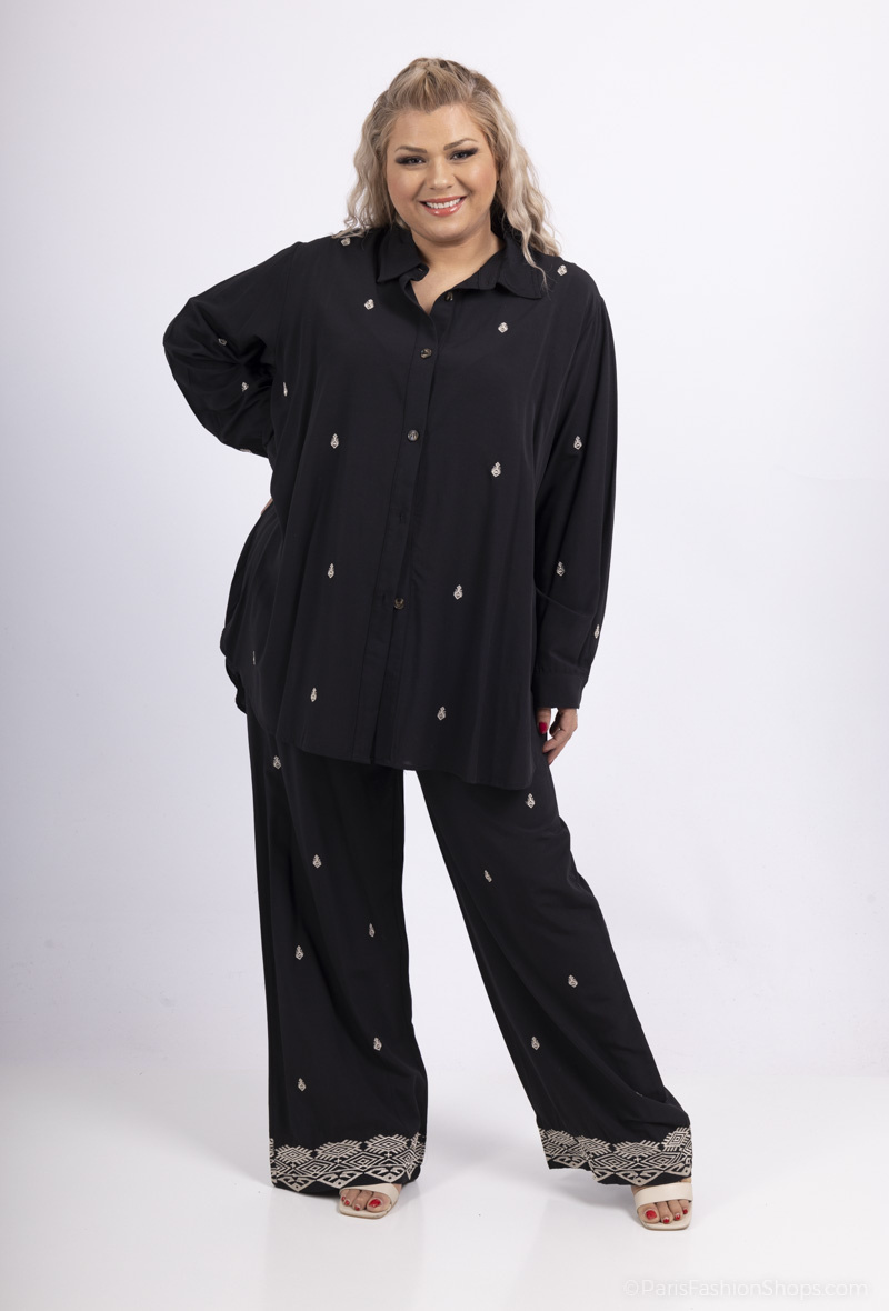 Grossiste Amy&Clo - Ensemble grande taille chemise et pantalon brodé en viscose
