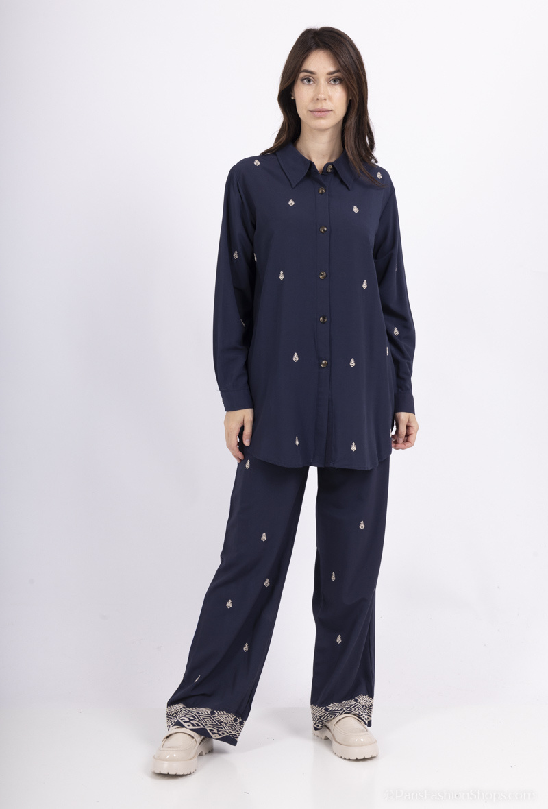 Grossiste Amy&Clo - Ensemble chemise et pantalon brodés en viscose d'hiver