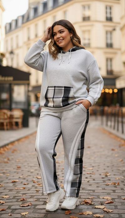 Grossista Amy&Clo - Completo felpa con cappuccio e pantaloni con dettagli a quadri Grossista Amy&Clo - Completo felpa con cappuccio e pantaloni con dettagli a quadri