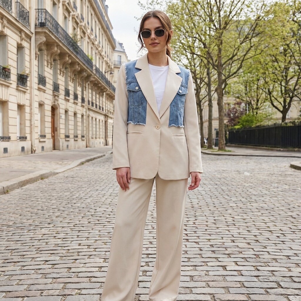 Mayorista Amy&Clo - Conjunto de Blazer y Pantalón Ancho con Detalles de Denim