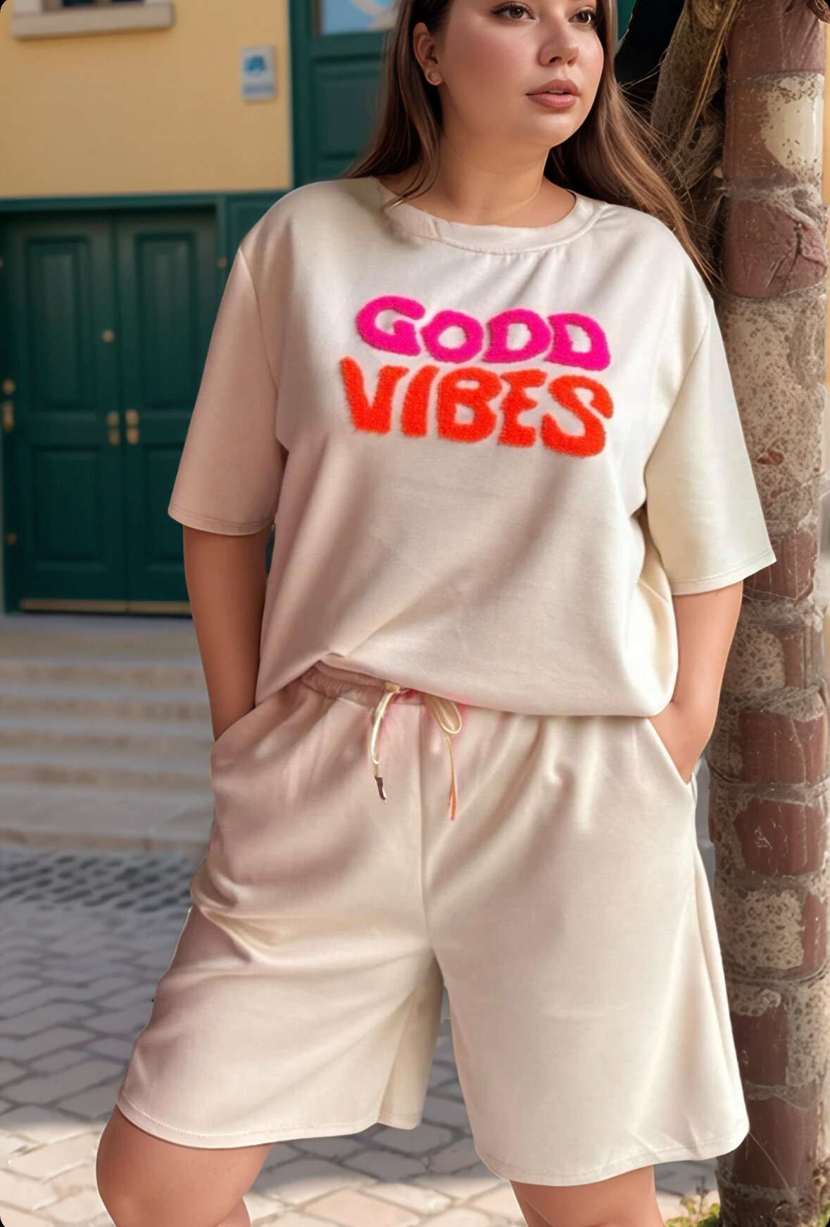 Großhändler Amy&Clo - Plus Size Bermuda Shorts und T-Shirt Good Vibes