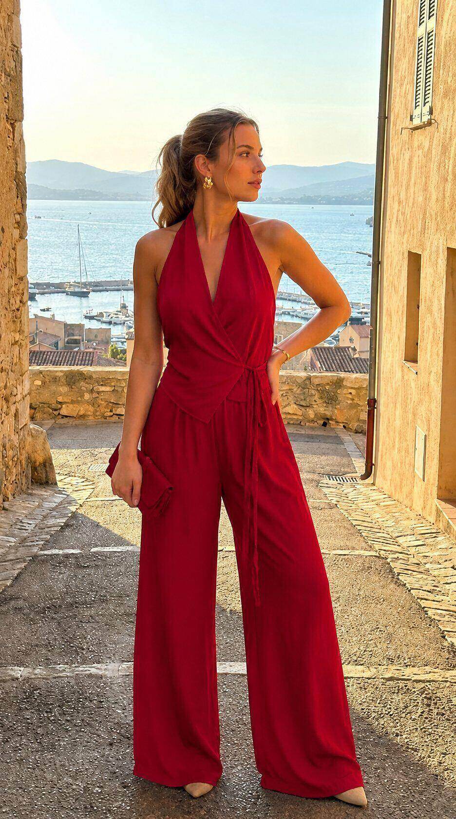 Grossista Amy&Clo - Completo con Top Scollo a Schiena e Pantaloni a Gamba Larga
