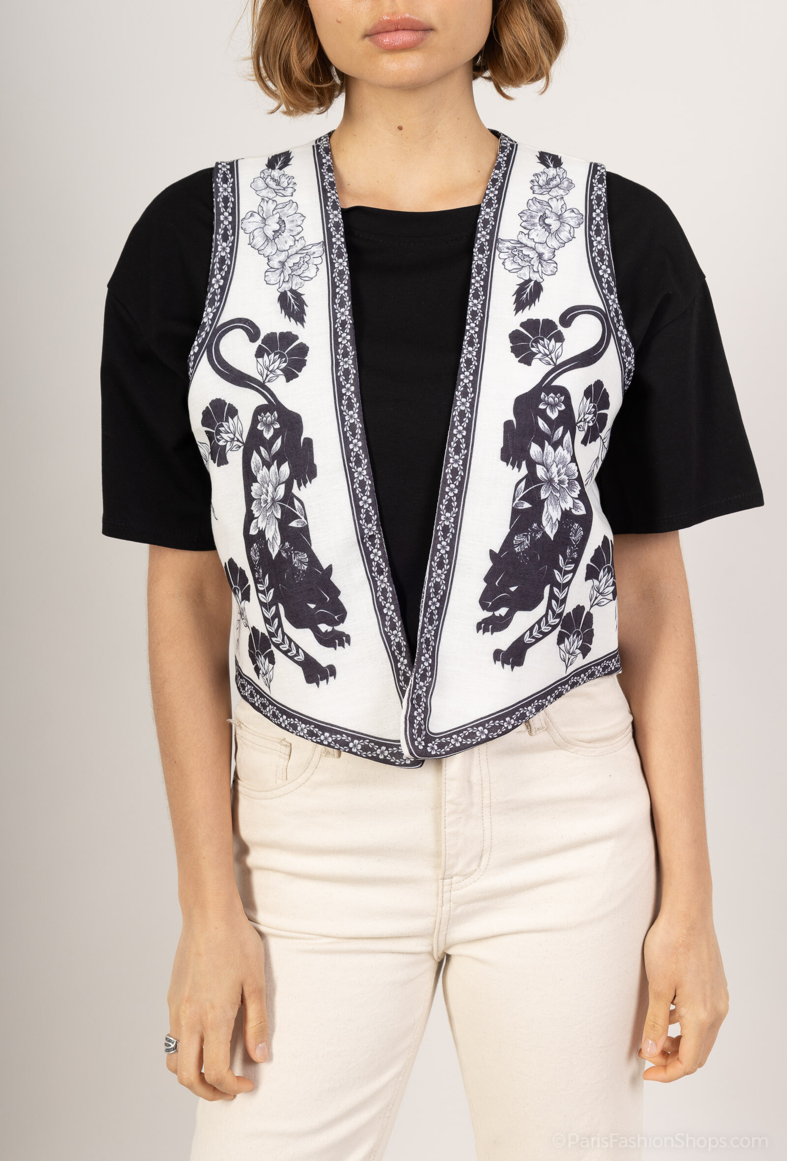 Grossiste Amy&Clo - Gilet sans manches imprimé félin et floral style bohémien