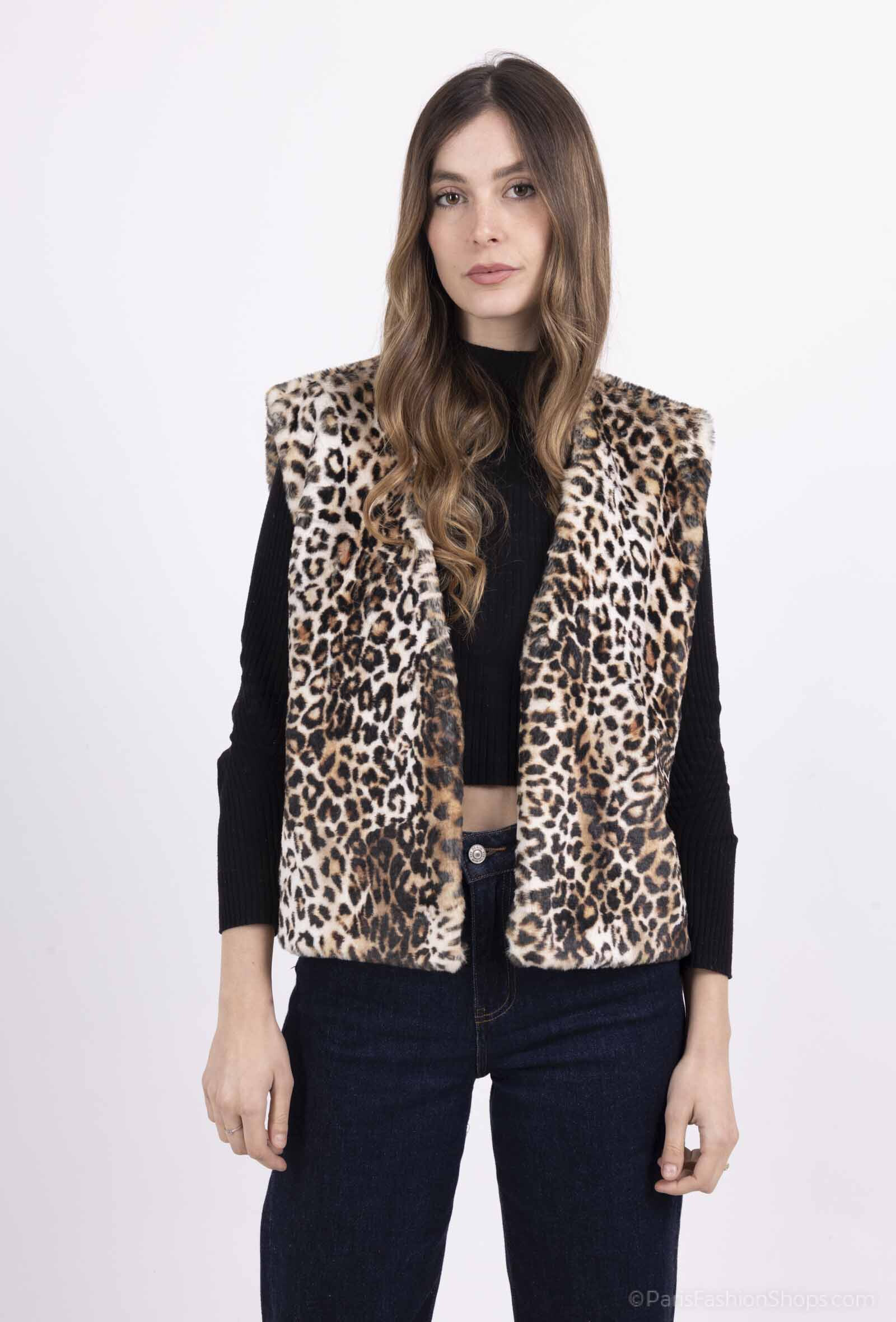 Grossiste Amy&Clo - Gilet sans manches en fausse fourrure léopard, taille unique