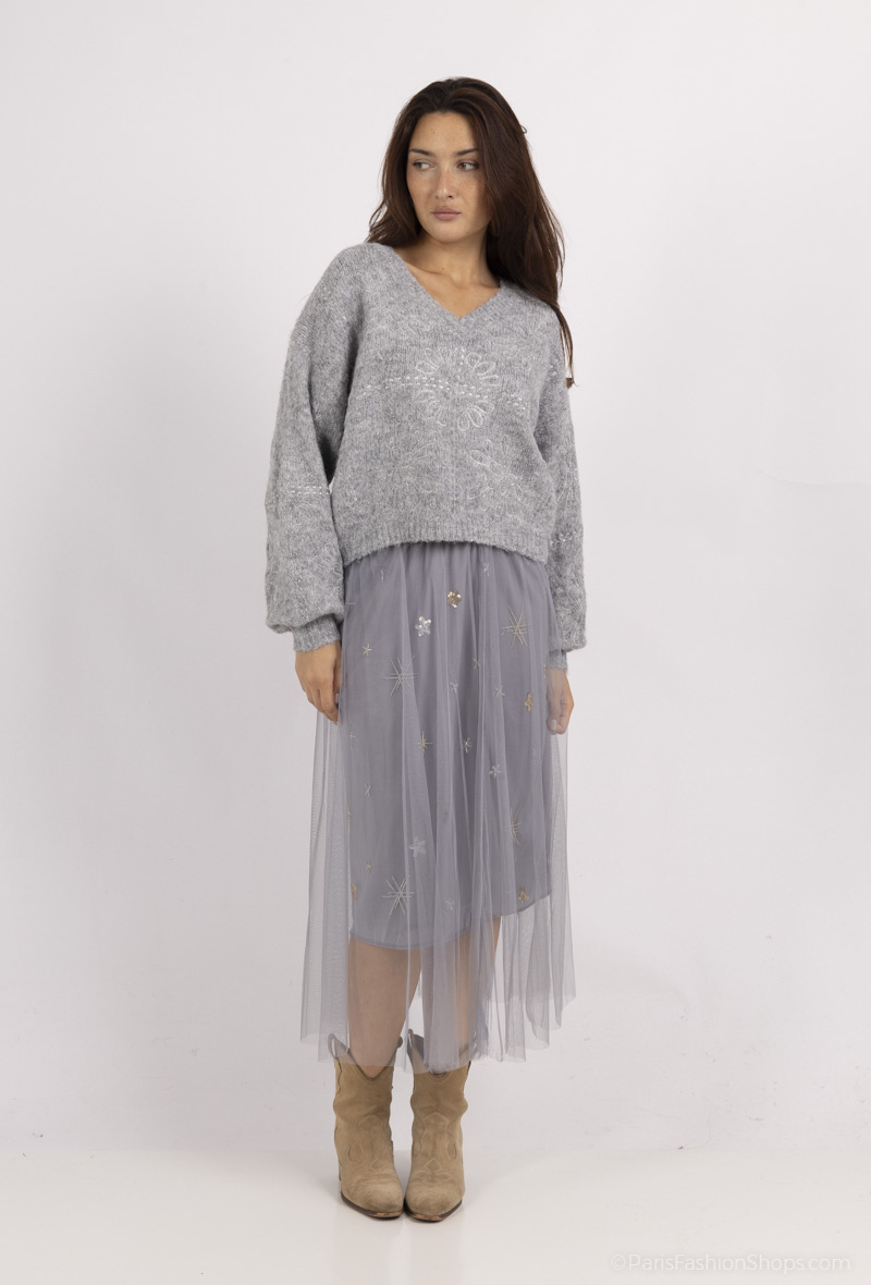 Grossiste Amy&Clo - Jupe mi-longue tulle détails dorées et argenté
