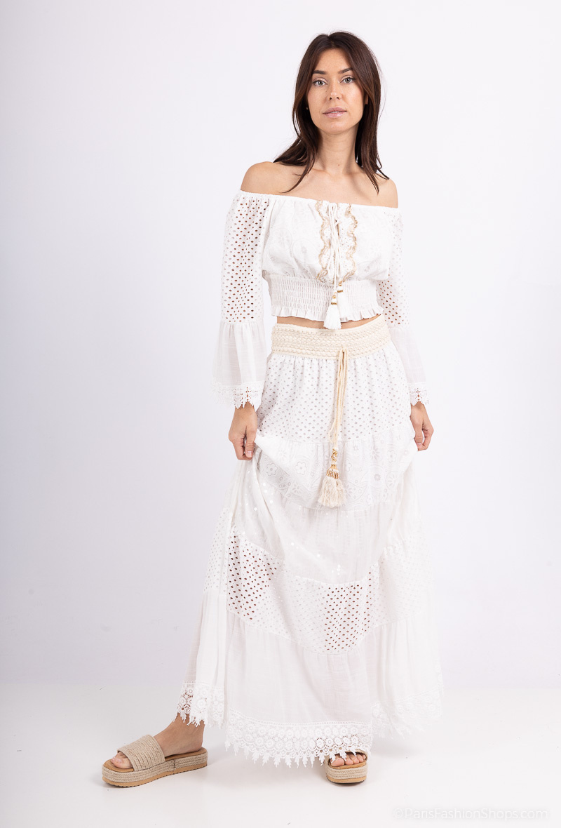 Wholesaler Amy&Clo - Long bohemian skirt with lace and pompoms