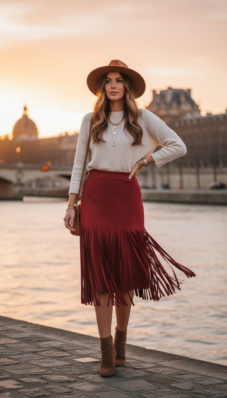 Wholesaler Amy&Clo - Long Faux Suede Fringe Skirt