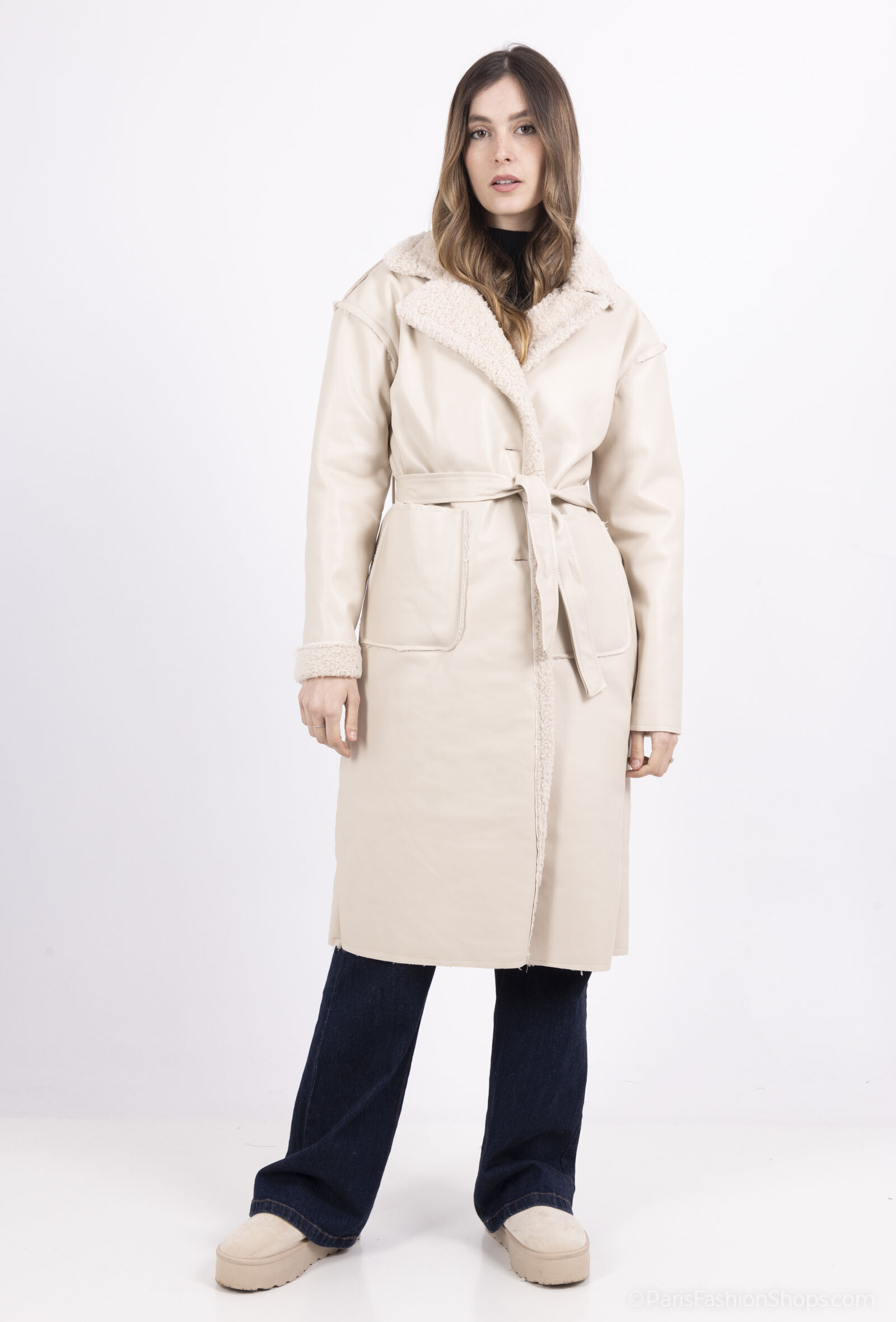 Wholesaler Amy&Clo - Mid-Length Faux Leather Coat with Shearling Effect Interior