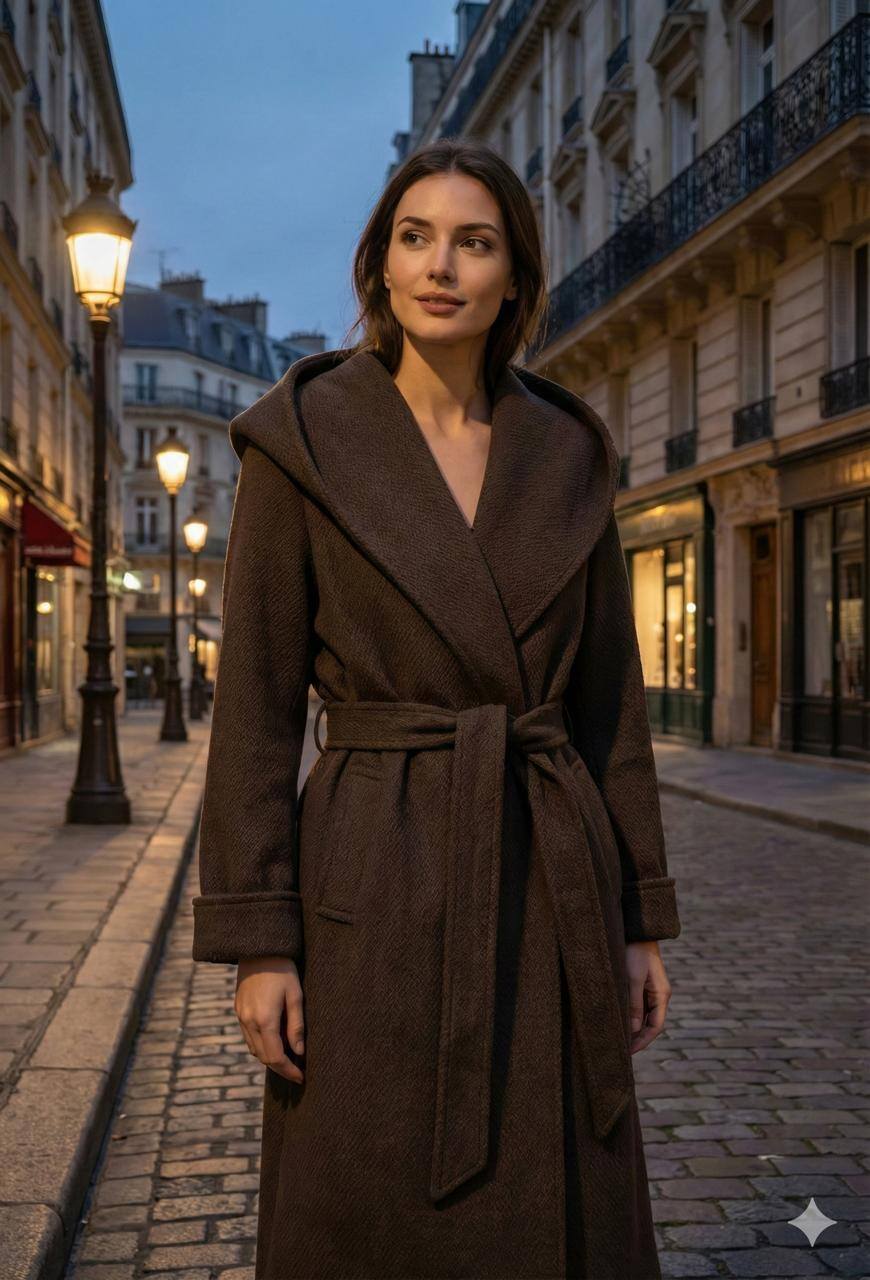 Manteau en laine de haute qualité avec un large col. Ce modèle élégant possède des manches longues et une ceinture à nouer, ajoutant une touche féminine. Parfait pour un look chic et intemporel, il s'associe facilement à toutes vos tenues d'extérieur.
