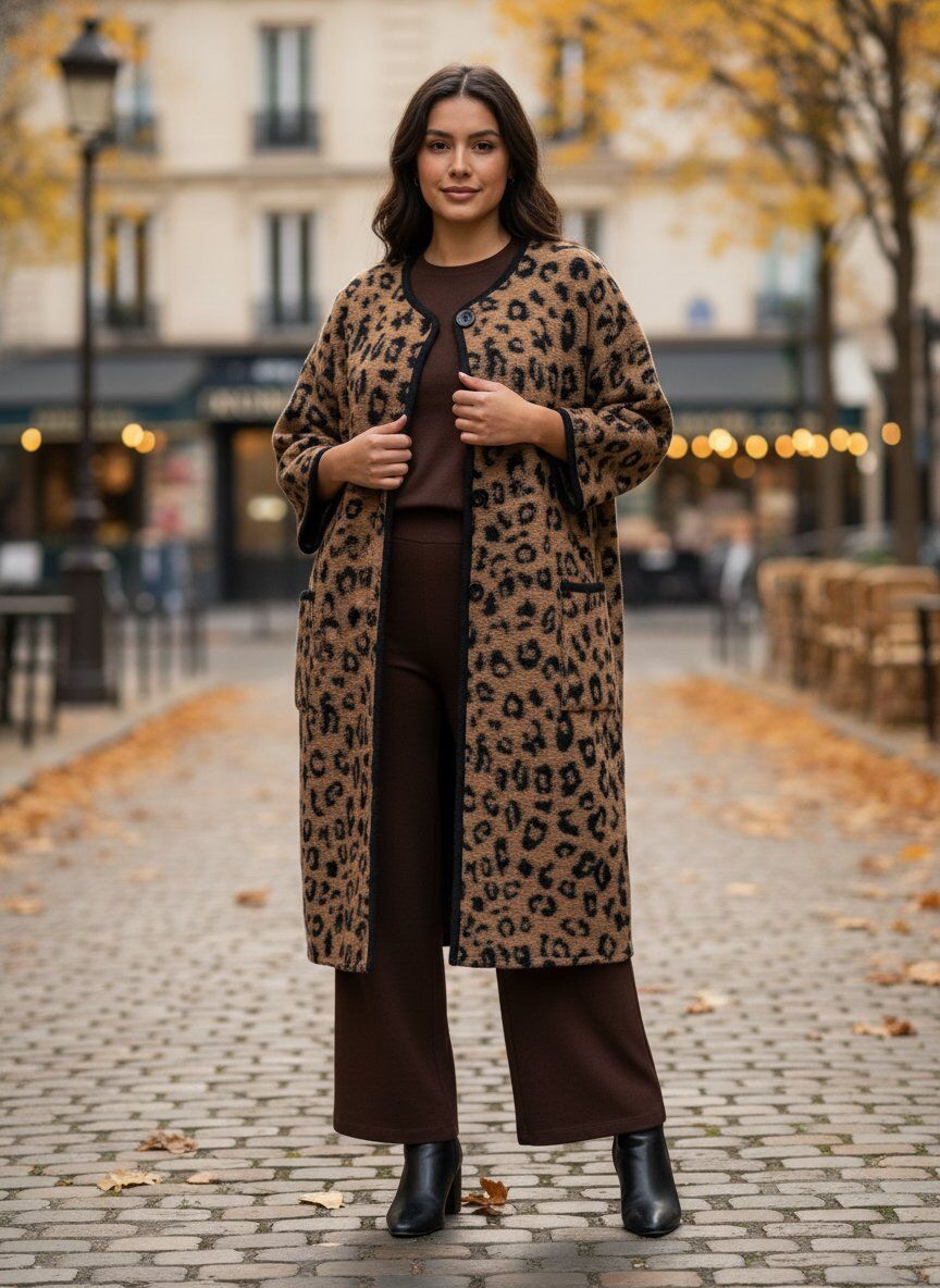 Ce manteau long présente un charmant imprimé animalier. Doté d'un col chic et de manches larges, il offre un look moderne et élégant. Sa coupe ample et ses poches pratiques en font une pièce parfaite pour toutes les saisons. TU = 36-44,