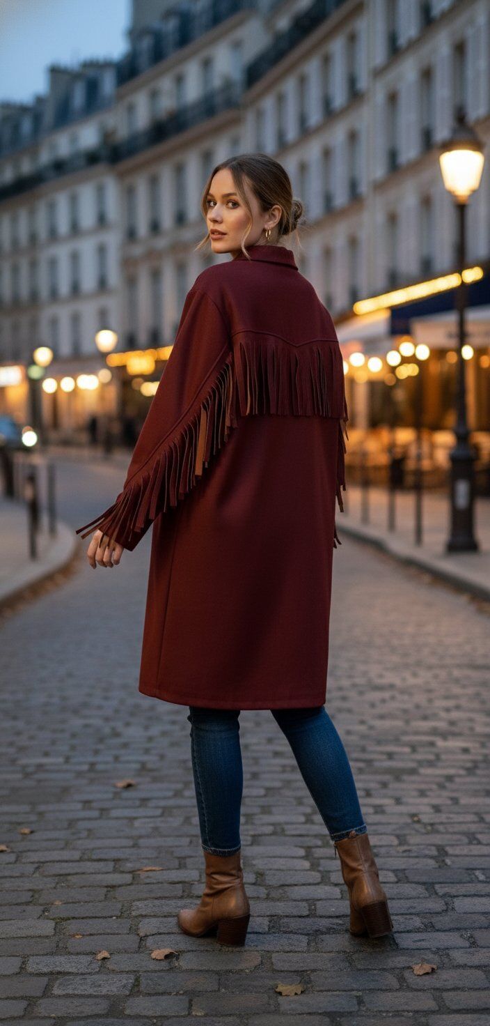 Ce manteau long oversize présente une doublure douce, des franges élégantes sur les manches et le dos. Son col chic et sa coupe moderne en font un choix parfait pour un look tendance et contemporain. TU = 36-44,