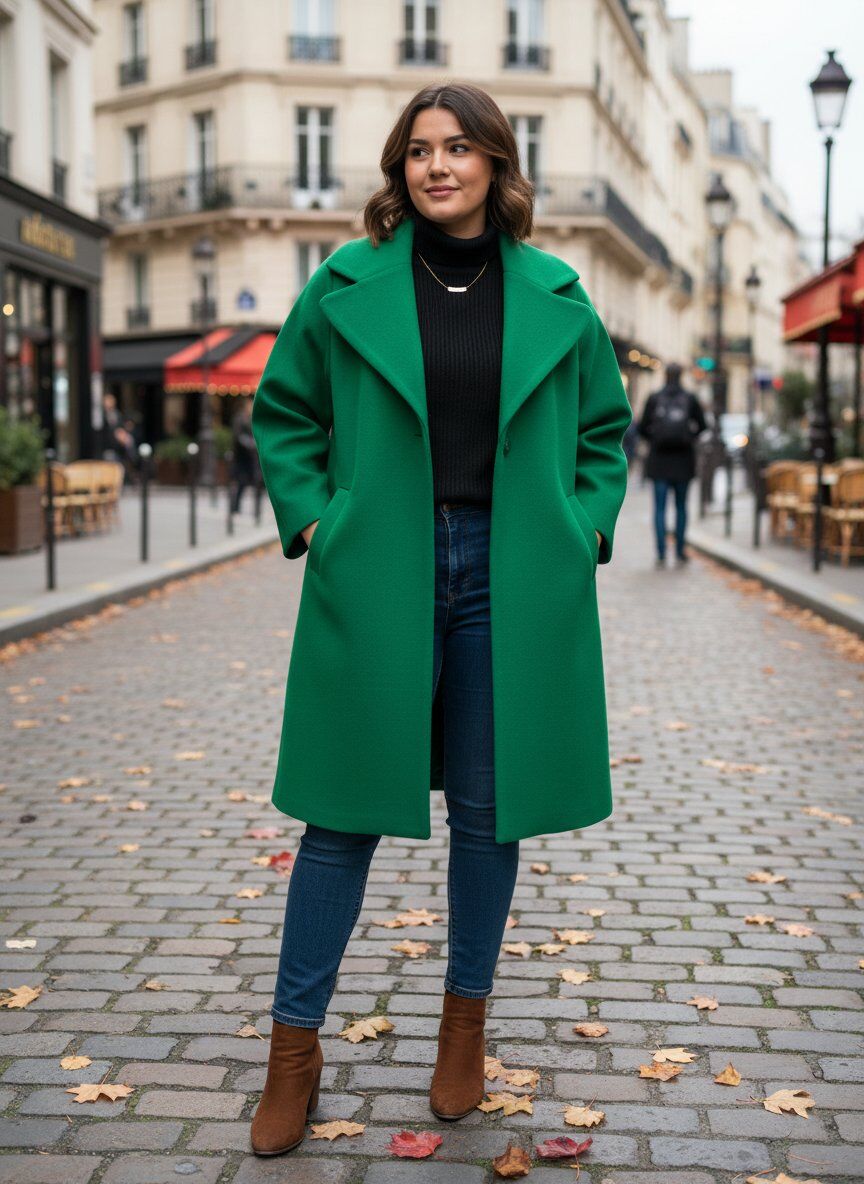 Plus-size oversized coat with a large collar. Elegant long sleeves and comfortable lining. Timeless design, perfect for layering. Practical pockets add a functional touch. Perfect for casual or dressed-up looks, this piece is a seasonal must-have.